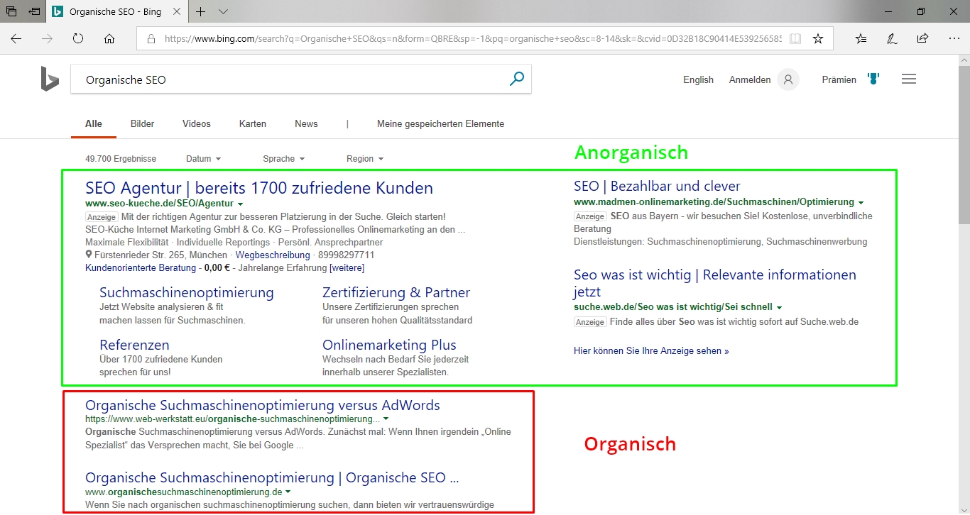 Screenshot, der die Platzierung von organischer SEO und SEA aufzeigt