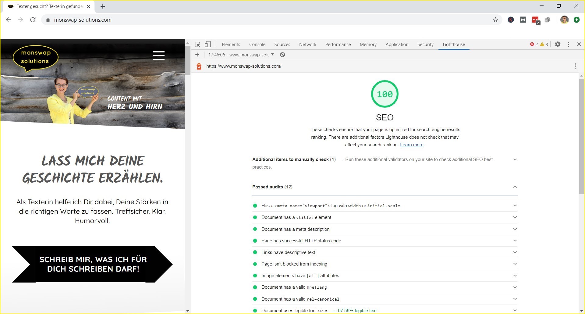 Der Google Lighthouse SEO-Check gibt monswap-solutions.com mit 100% Performance grünes Licht.