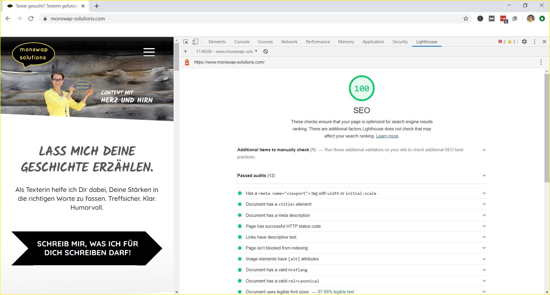 Der Google Lighthouse SEO-Check gibt monswap-solutions.com mit 100% Performance grünes Licht.