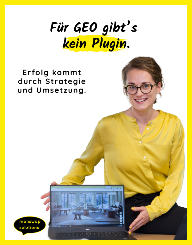 Foto zu Marketing GEO zeigt Monika Wolf Weber am Laptop mit Hinweis auf Content statt Technik