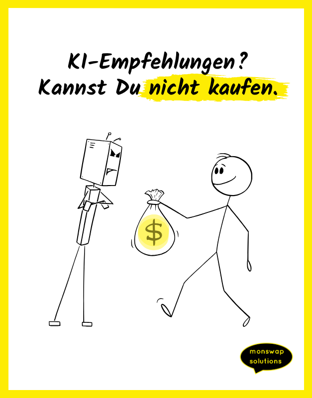 Illustration zu Marketing GEO zeigt Mensch mit Geldbeutel vor KI-Roboter, der das Geld ablehnt